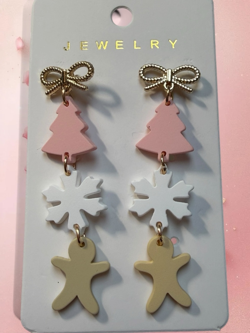 Fashion Jewelry Pink Tree White Snowflake Gold Bow Gingerbread Drop Earrings